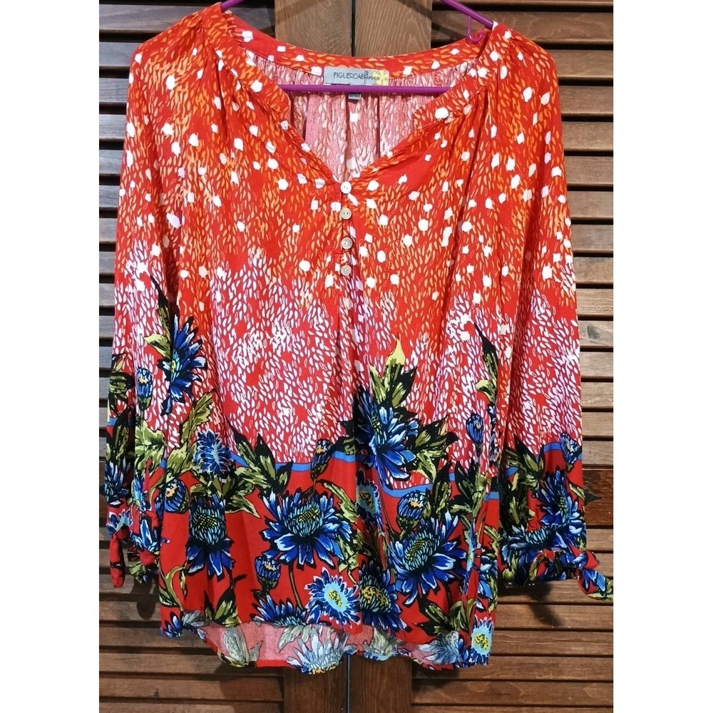 Figueroa & Flower Top‎ Womens Size Large Red Blue Floral Boho Anthropologie